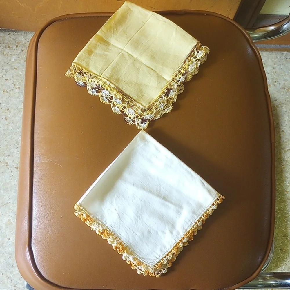 2 Vintage Handkerchiefs w/ Decorative Edging. Yellow Gold Black White